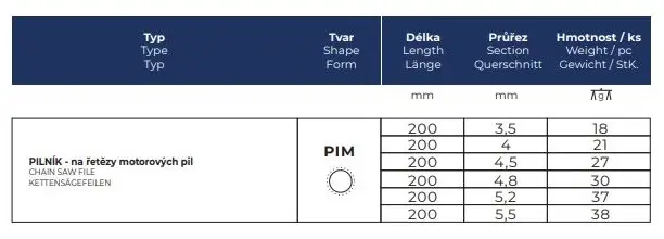 Pilník na pily PIM 4,0 na řetězy motorových pil 200/3